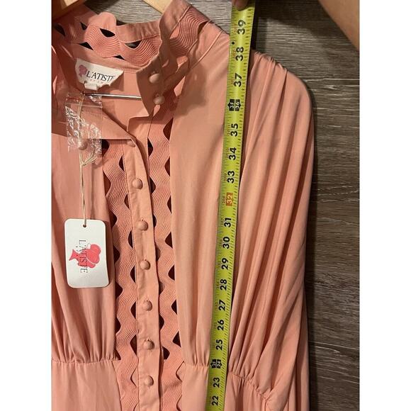 L'Atiste By Amy Womens Peach Pink Lace Trim Mini Dress Smocked Waist Sz 1X NWT - Picture 7 of 12